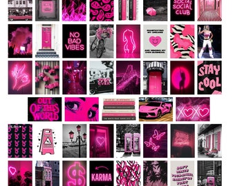 50PC Hot Pink and Black Digital Stickers, Estetyka czarno-różowa, Wydruki ścienne, Wydruki artystyczne, Wystrój pokoju, Zestaw kolaży, Elegancka estetyka akademika