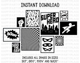 Superheld galerij kunst aan de muur wordt afgedrukt, zwart-wit superheld galerij kunst aan de muur, minimalistische superheld galerij muur decor, superheld muur decor