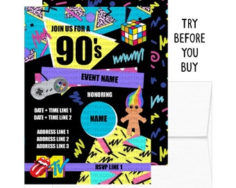 90's Party, 90's Party Invitations, 90's Theme Party Invitation, 90's Birthday Party Invite, DIY Back to the 90's Invites, Neon 90's Invite