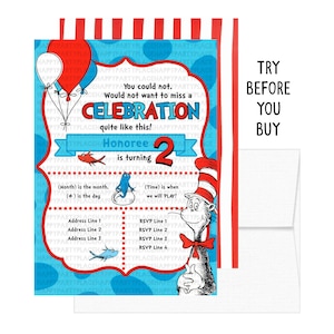 Dr Seuss Party Invitation, Seuss Birthday Party Invitations, Cat in the Hat Birthday Party Theme, Dr Seuss Birthday Invites, Printable, DIY