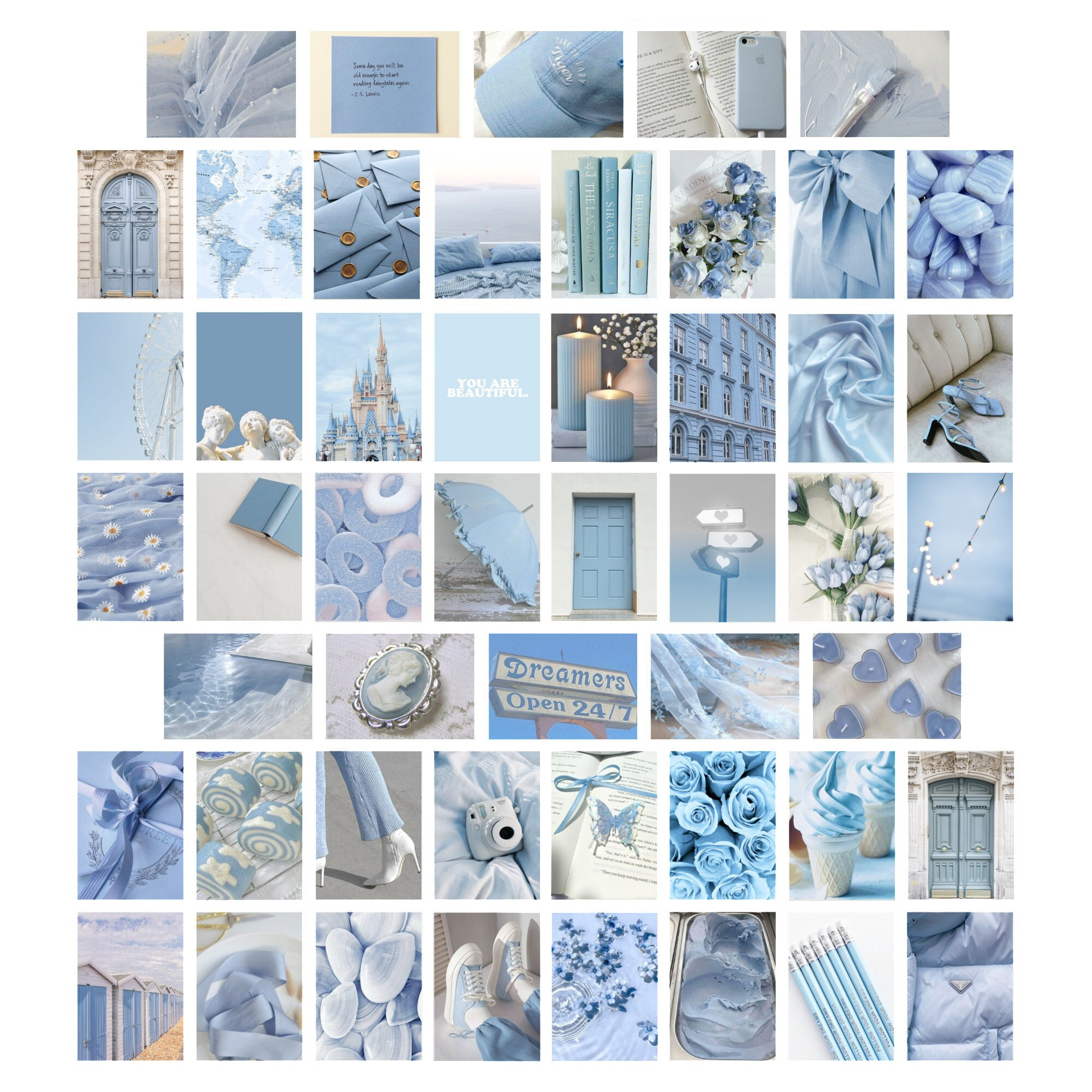 50PC Light Blue Aesthetic Art Prints, Light Blue Wall Prints, Pastel Blue Dorm, Light Blue Aesthetics, Slate Blue Printable Wall Collage