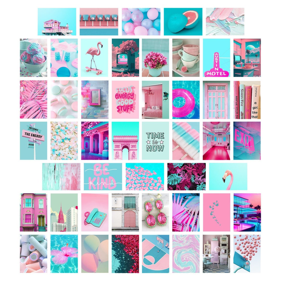 50PC Pink Teal Aesthetic Art Prints, Aqua Pink Dorm Decor, Turquoise