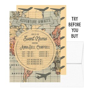 May include: A vintage-style invitation with a world map background and the text "Adventure Awaits". The invitation is for an event honoring Annabell Campbell. The text "Try Before You Buy" is on a separate card.