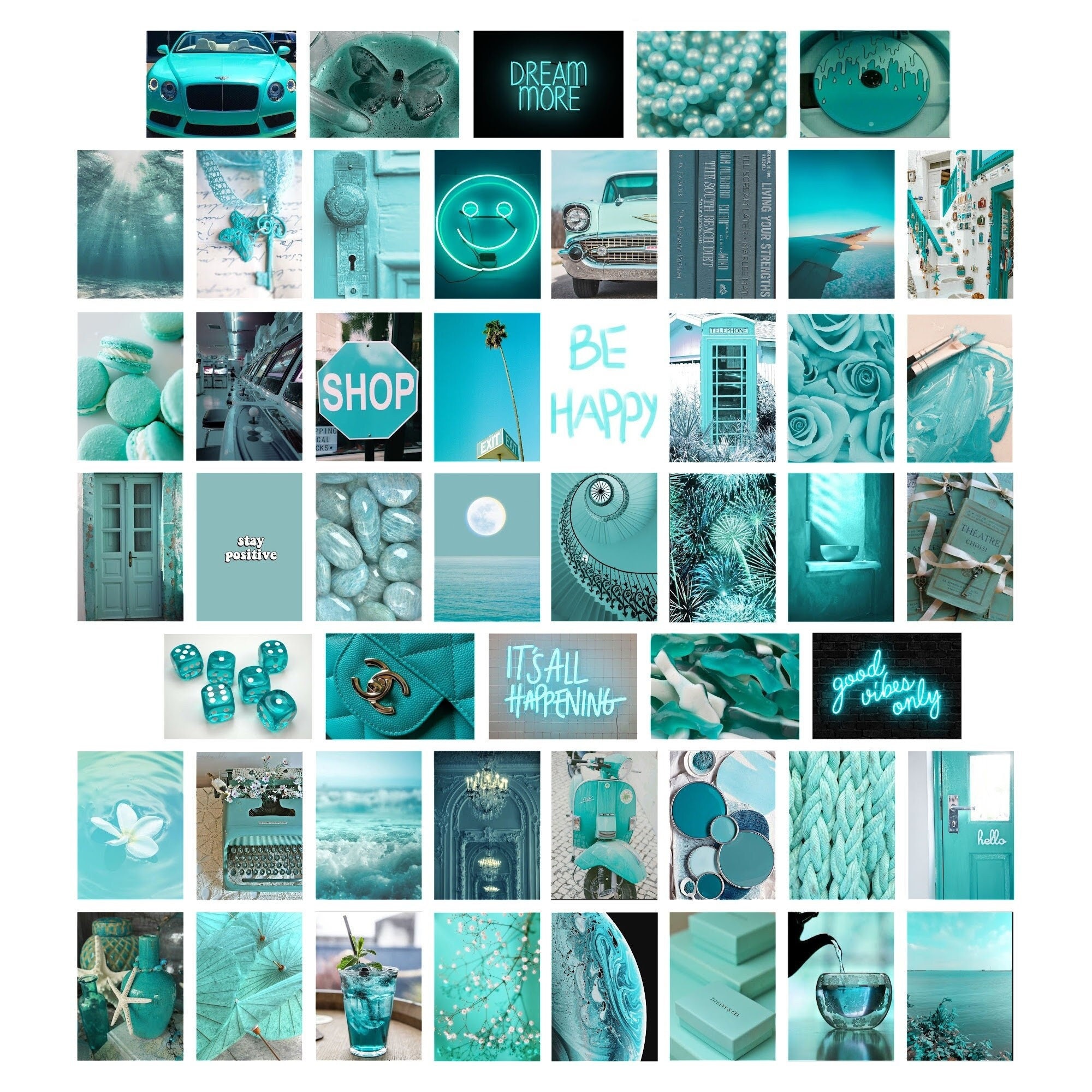 50PC Assorted Teal Aesthetic Art Prints, Trendy Aqua Wall Prints, Teal