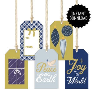 Instant Download Printable Blue Christmas Gift Tags, Holiday Gift Tags, Navy and Gold Christmas Gift Name Tags, DIY Holiday Christmas Labels