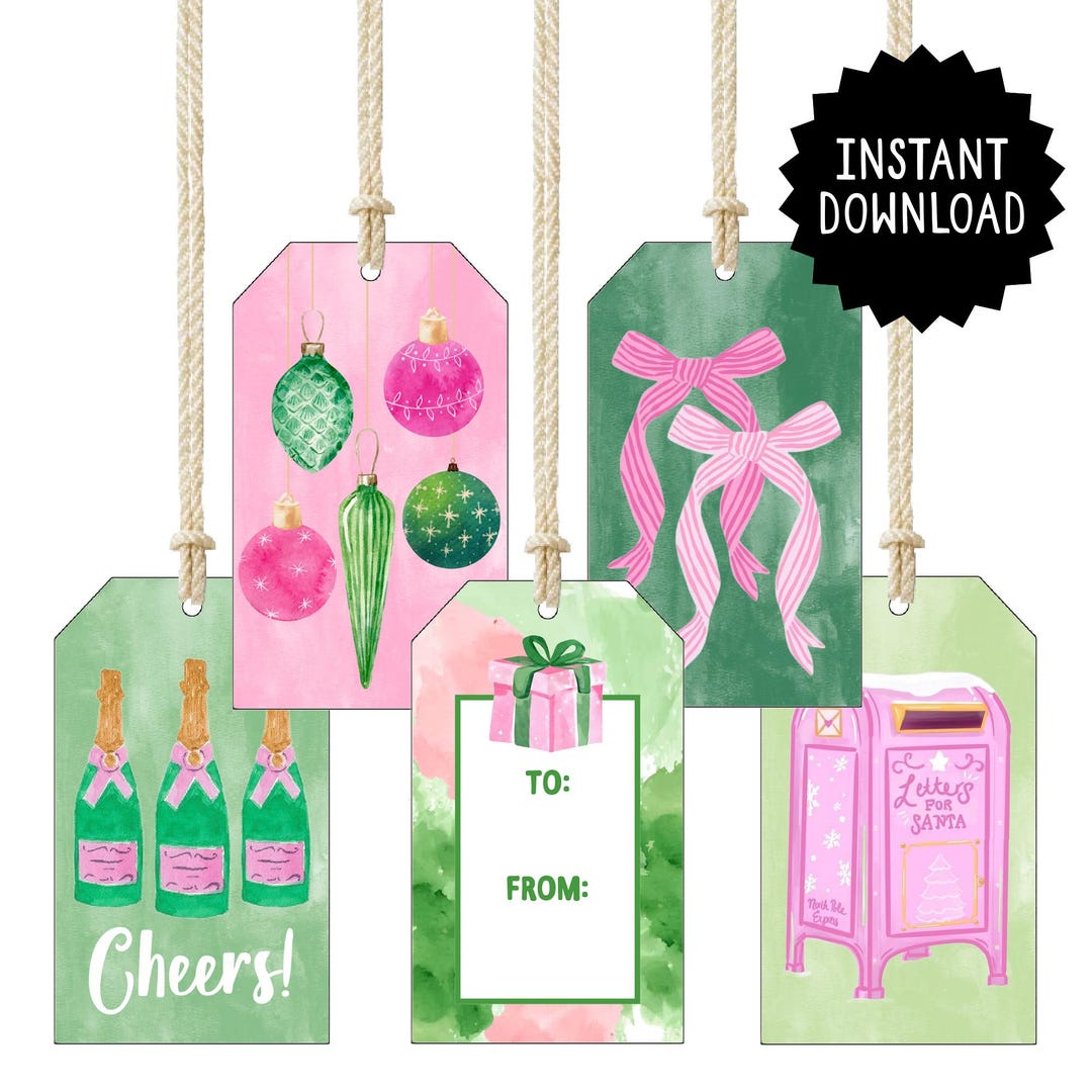 Instant Download Printable Pink and Green Christmas Gift Tags, Cute ...