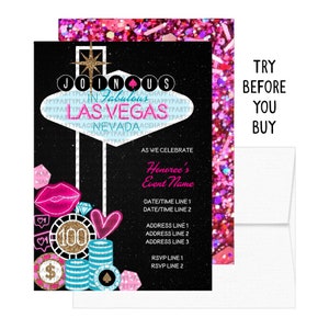 Invitaciones de Las Vegas, Invitación de cumpleaños de Las Vegas, Despedida de soltera de Las Vegas, Invitaciones de viaje de Las Vegas, Fiesta temática de Casino de Las Vegas