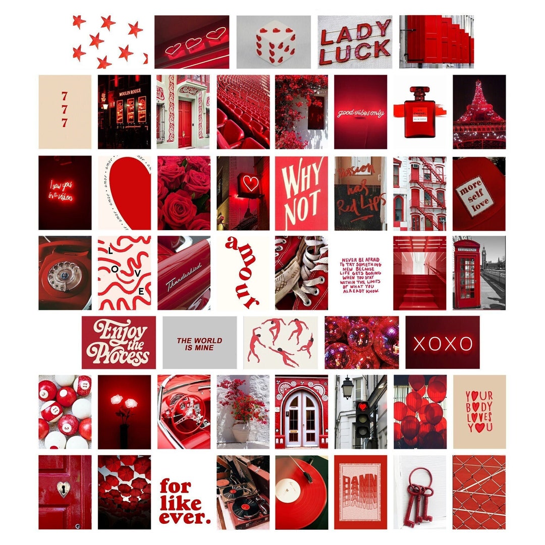 50PC Assorted Red Aesthetic Art Prints, Trendy Red Wall Print, Red Dorm Prints, Red Vision Board