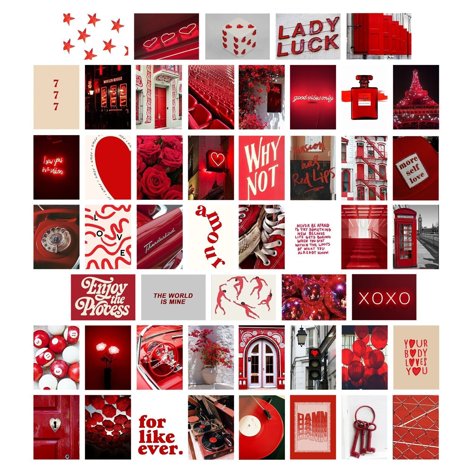50PC Assorted Red Aesthetic Art Prints, Trendy Red Wall Print, Red Dorm