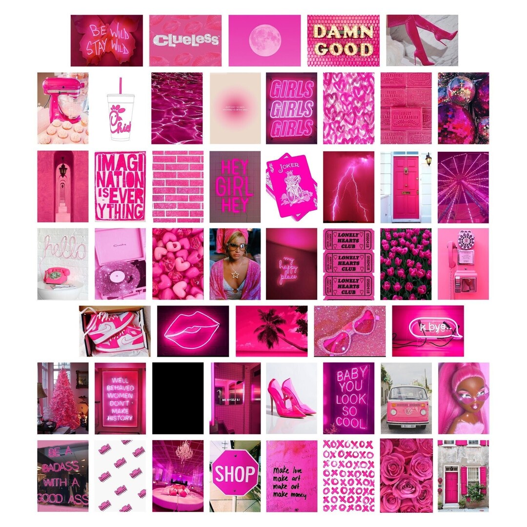 50PC Assorted Hot Pink Aesthetic Art Prints, Trendy Hot Pink Wall