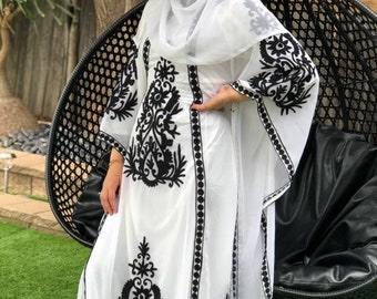 Katie Embroidered kaftan, resort wear , caftan, Dubai Kaftan , Arabic dress, Party wear kaftan, black and white