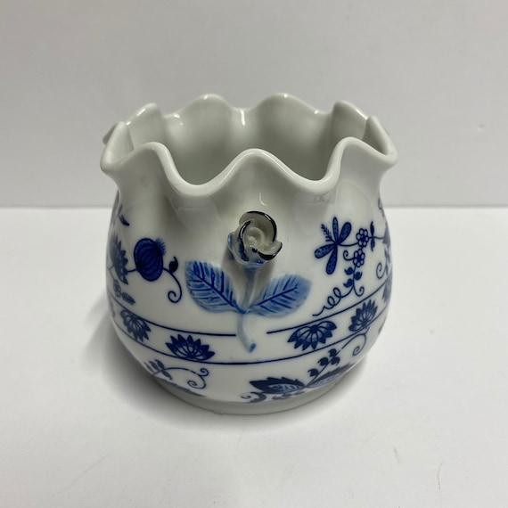 Vintage Vienna Woods blue and white planter candy or sugar dish with rose shaped handles and a ruffled top decorative for herbal garden