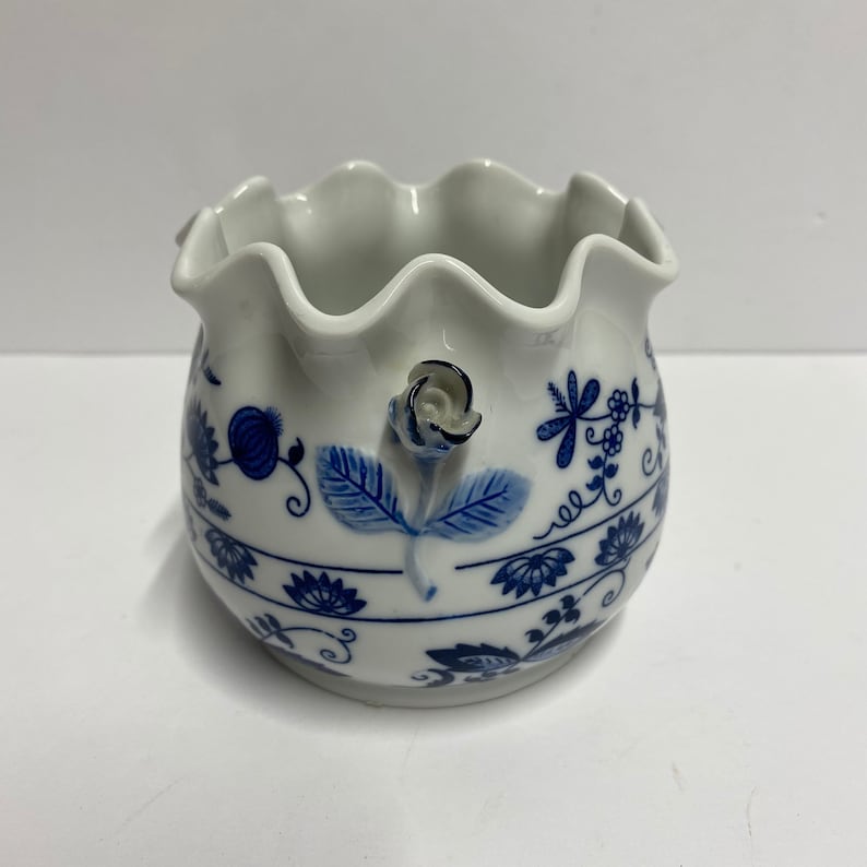 Vintage Vienna Woods blue and white planter candy or sugar dish with rose shaped handles and a ruffled top decorative for herbal garden image 1