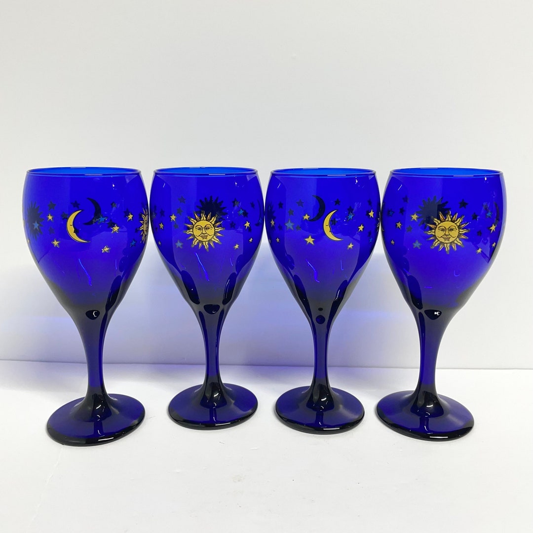 Vintage Libbey Cobalt Blue Celestial Sun, Moon Stars Wine Glasses 7 3/8