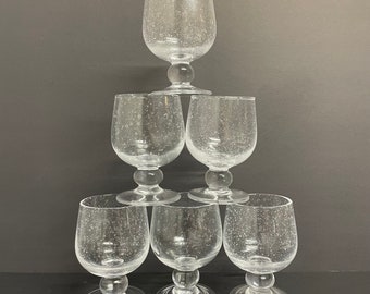 Vintage LaVerrerie de BIOT wine glasses bubble hand blown clear glass water goblets stem set of 2 signed glasses made in France