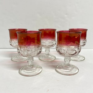 Vintage tiffin kings crown thumbprint wine glass goblets clear and Ruby colours set of 5 glasses iridescent carnival stemware juice glasses