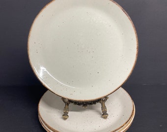Vintage J &G Meakin Lifestyle dinner plates 10” set of 4 beige brown specks, brown rim oven to table stoneware boho chic kitchenware