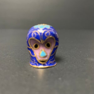 Vintage Cloisonné Monkey thimble figurine in gold pink and blue miniature chimpanzee decor