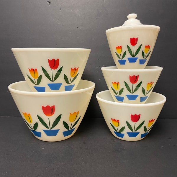 Vintage Fire King Tulip Mixing bowls and grease dripping jar with lid 6 Piece set of milk glass colourful nesting bowls