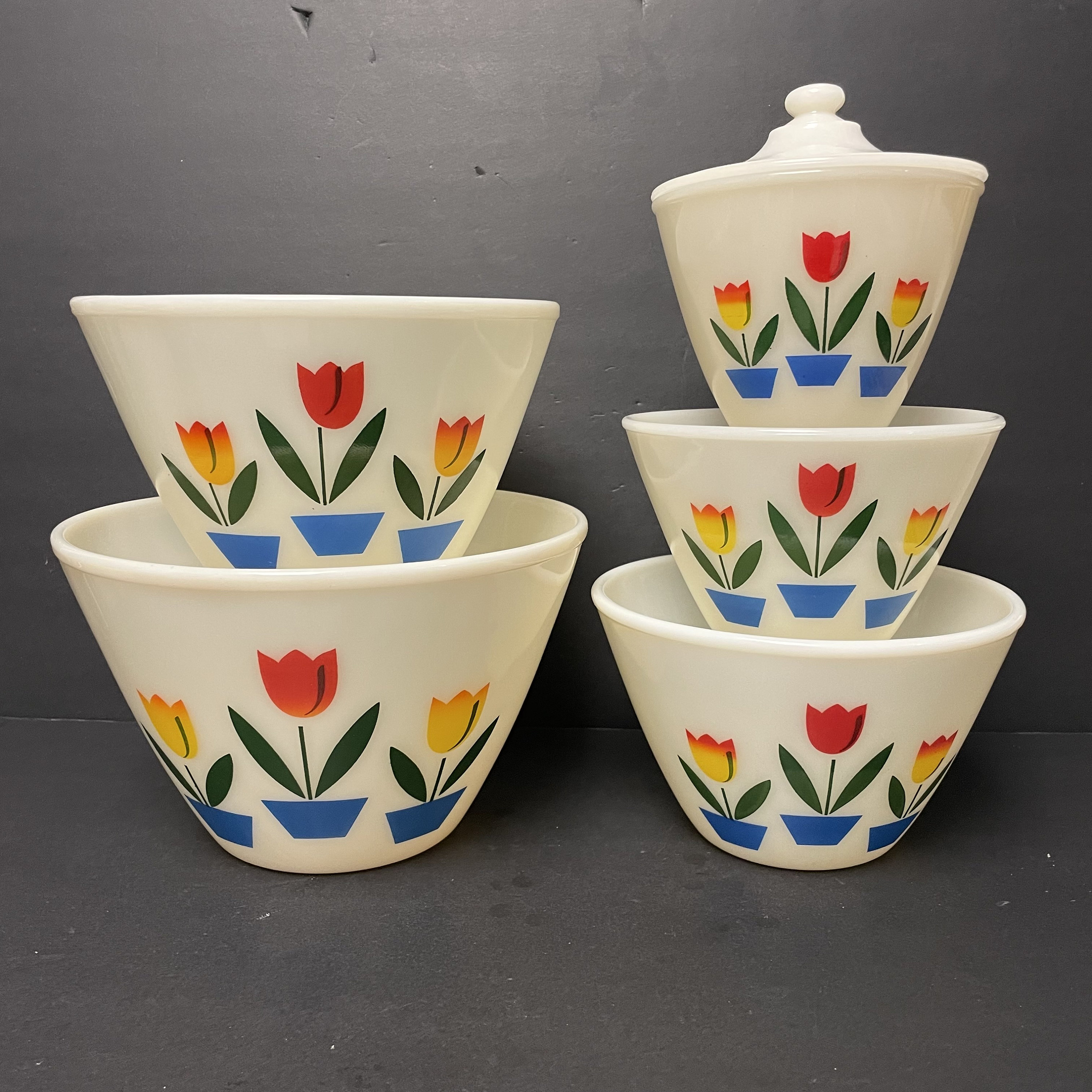 Vintage Fire King Tulip Mixing Bowls and Grease Dripping Jar Vintage Fire King Tulip Mixing Bowls and Grease Dripping Jar