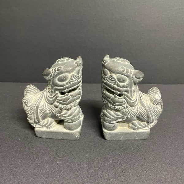 Vintage pair of concrete grey stone foo dog set guardian lion Fu dog Chinese Buddhist shishi figurines
