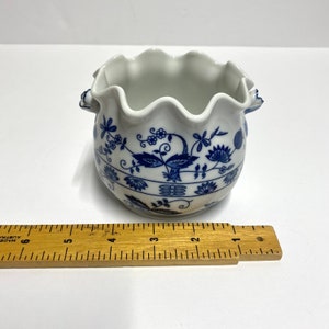 Vintage Vienna Woods blue and white planter candy or sugar dish with rose shaped handles and a ruffled top decorative for herbal garden image 9