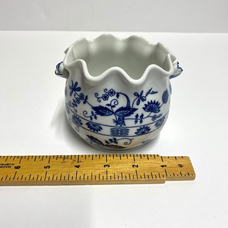 Vintage Vienna Woods blue and white planter candy or sugar dish with rose shaped handles and a ruffled top decorative for herbal garden image 9