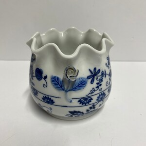 Vintage Vienna Woods blue and white planter candy or sugar dish with rose shaped handles and a ruffled top decorative for herbal garden image 3