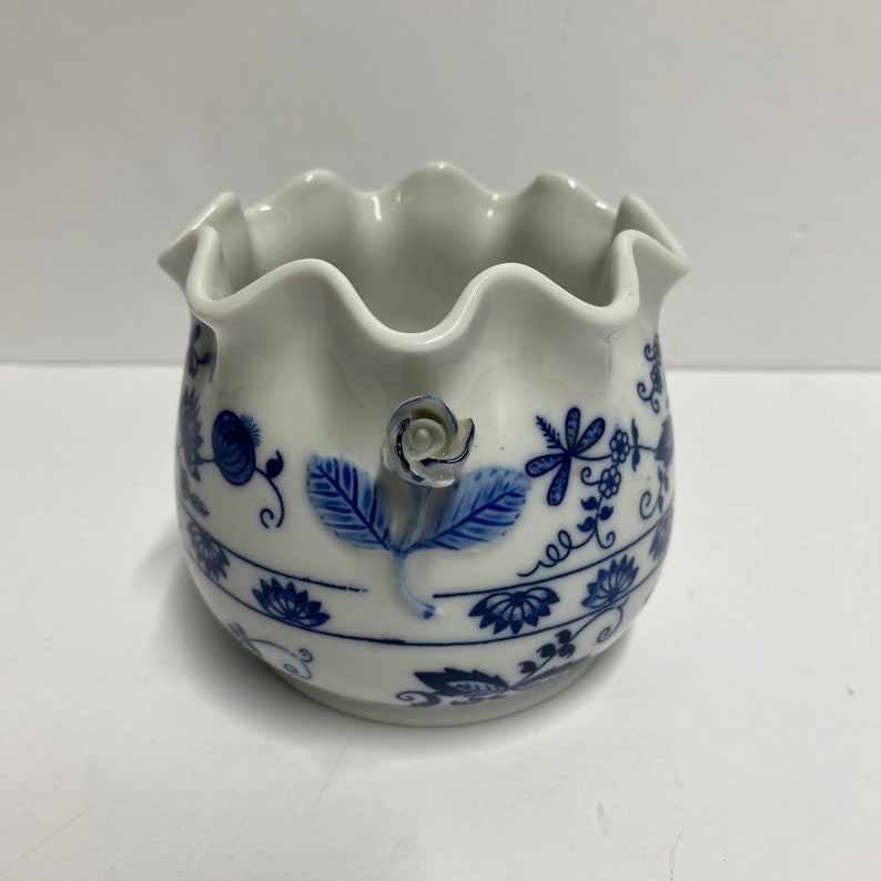 Vintage Vienna Woods blue and white planter candy or sugar dish with rose shaped handles and a ruffled top decorative for herbal garden image 3