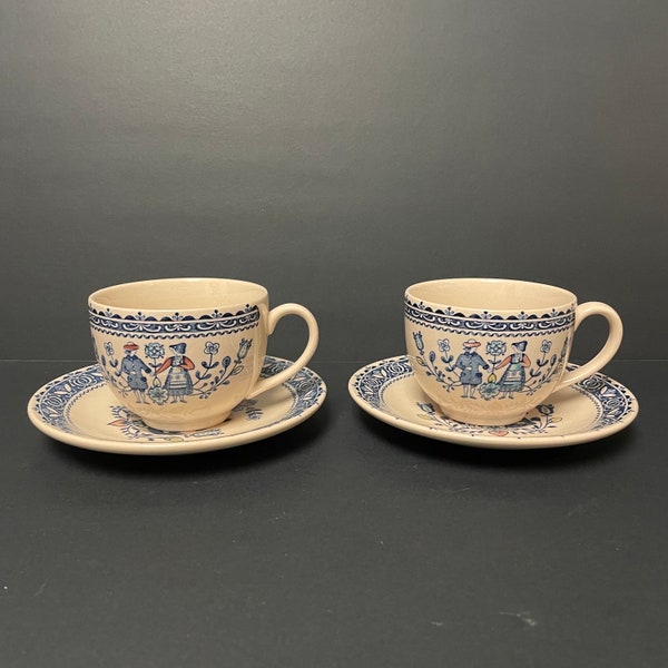 Vintage Johnson Bros Hearts and Flowers cup and saucer set of 2 blue and white dishes staffordshire old granite saucers made in England