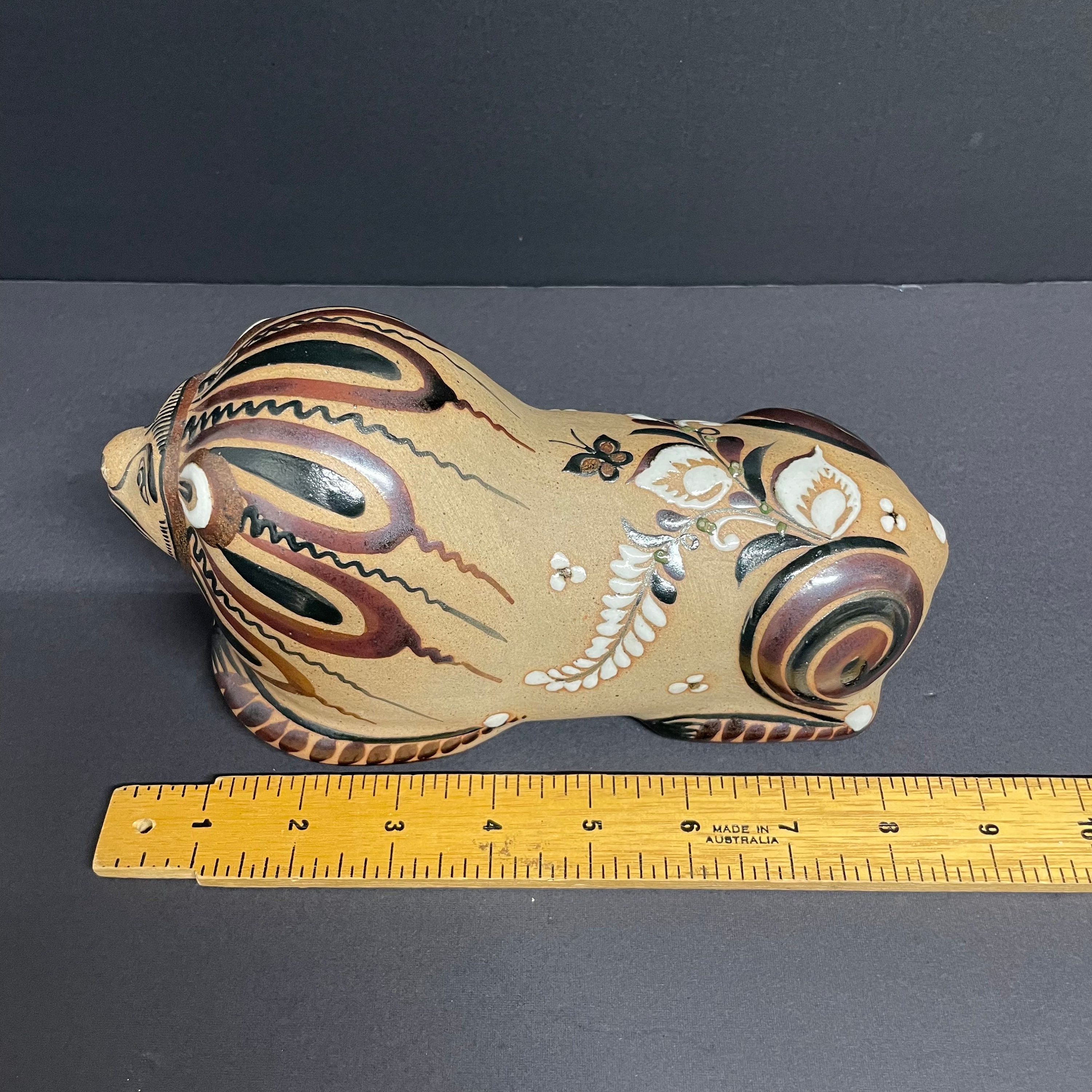 ヴィンテージ　メキシコ　陶器　置物　ライオン ヴィンテージの大型トナラライオンの置物、部族風、ブラウン、ブルー