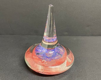 Vintage glass pink and blue paperweight ring holder bubbles art glass tear drop shaped clear glass mantel nautical decor