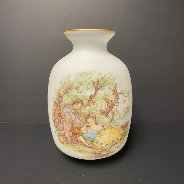 Vintage Fragonard frosted glass vase with courting couple under tree image gold rim transfer ware made in Japan