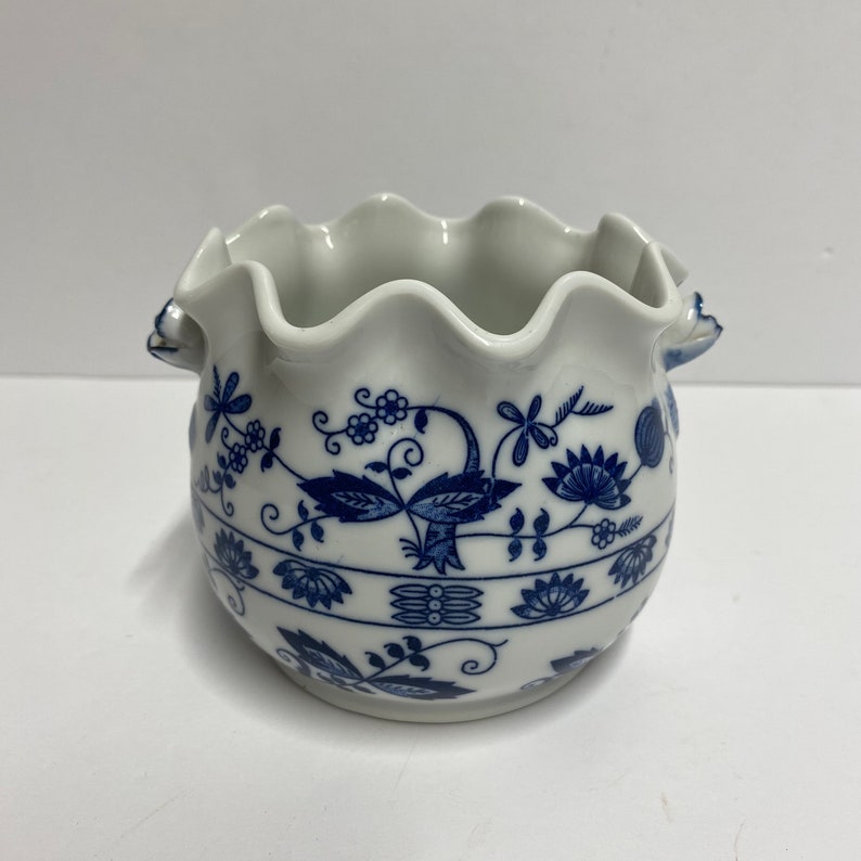 Vintage Vienna Woods blue and white planter candy or sugar dish with rose shaped handles and a ruffled top decorative for herbal garden image 2