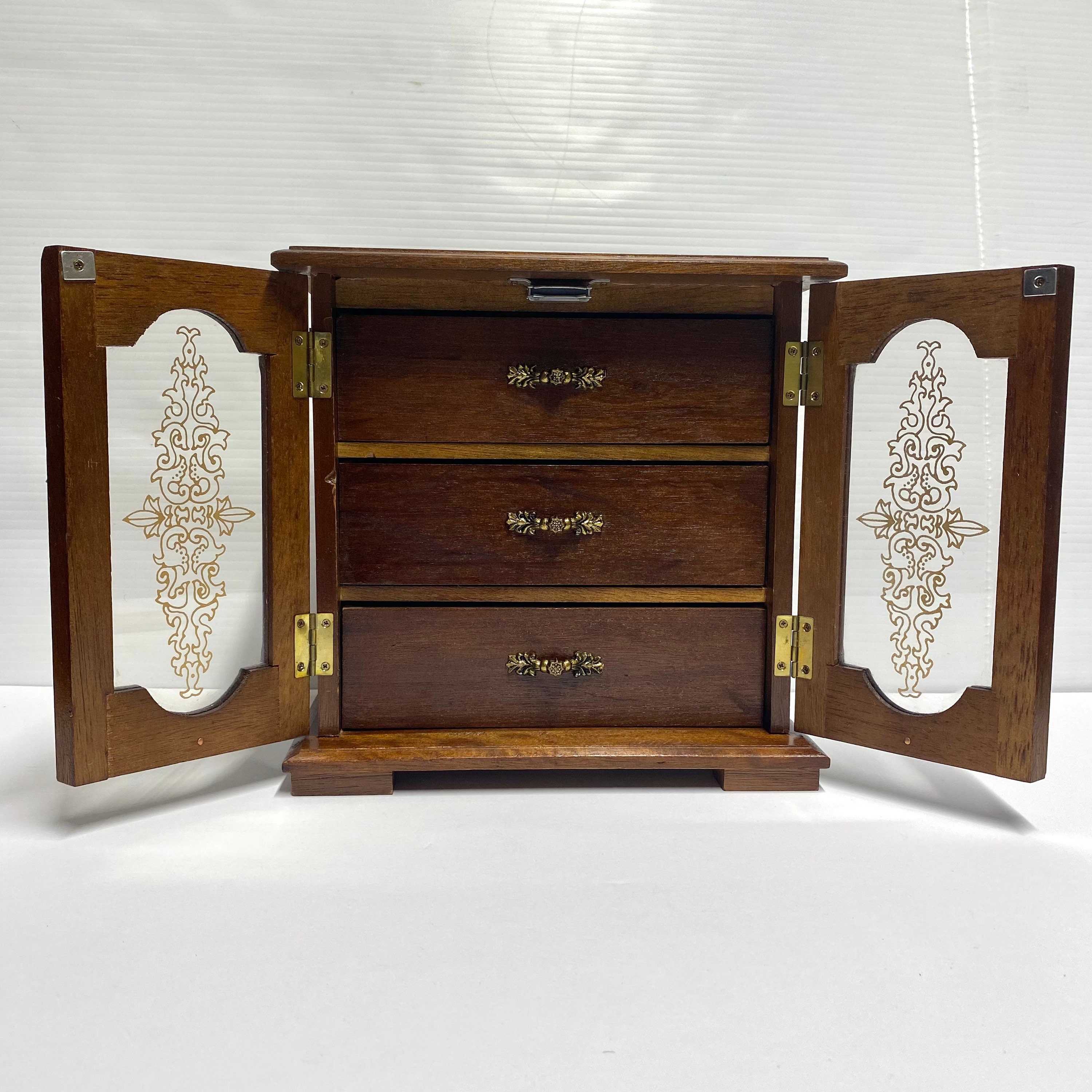 【2025】お歳暮・冬ギフト Jewelry Wooden Vintage Box Door Glass Gold Stencilled Mele アンティーク雑貨
