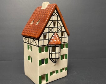 Vintage Leyk Lichthaus handmade tea light votive house hand painted Ursula Leyk ceramic brown roof green windows made in Germany