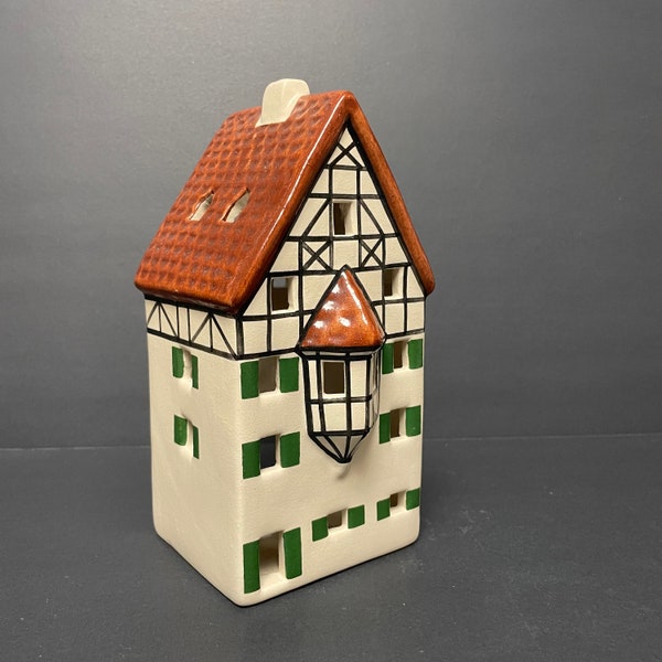Vintage Leyk Lichthaus handmade tea light votive house hand painted Ursula Leyk ceramic brown roof green windows made in Germany