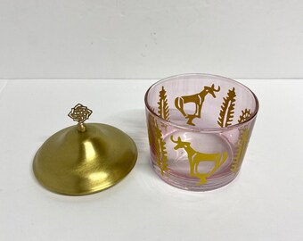 Vintage trinket dish with pink glass with hieroglyphics in gold with brass coloured lid Egyptian style candy dish