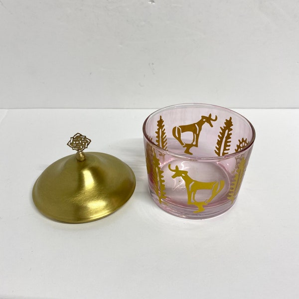 Vintage trinket dish with pink glass with hieroglyphics in gold with brass coloured lid Egyptian style candy dish