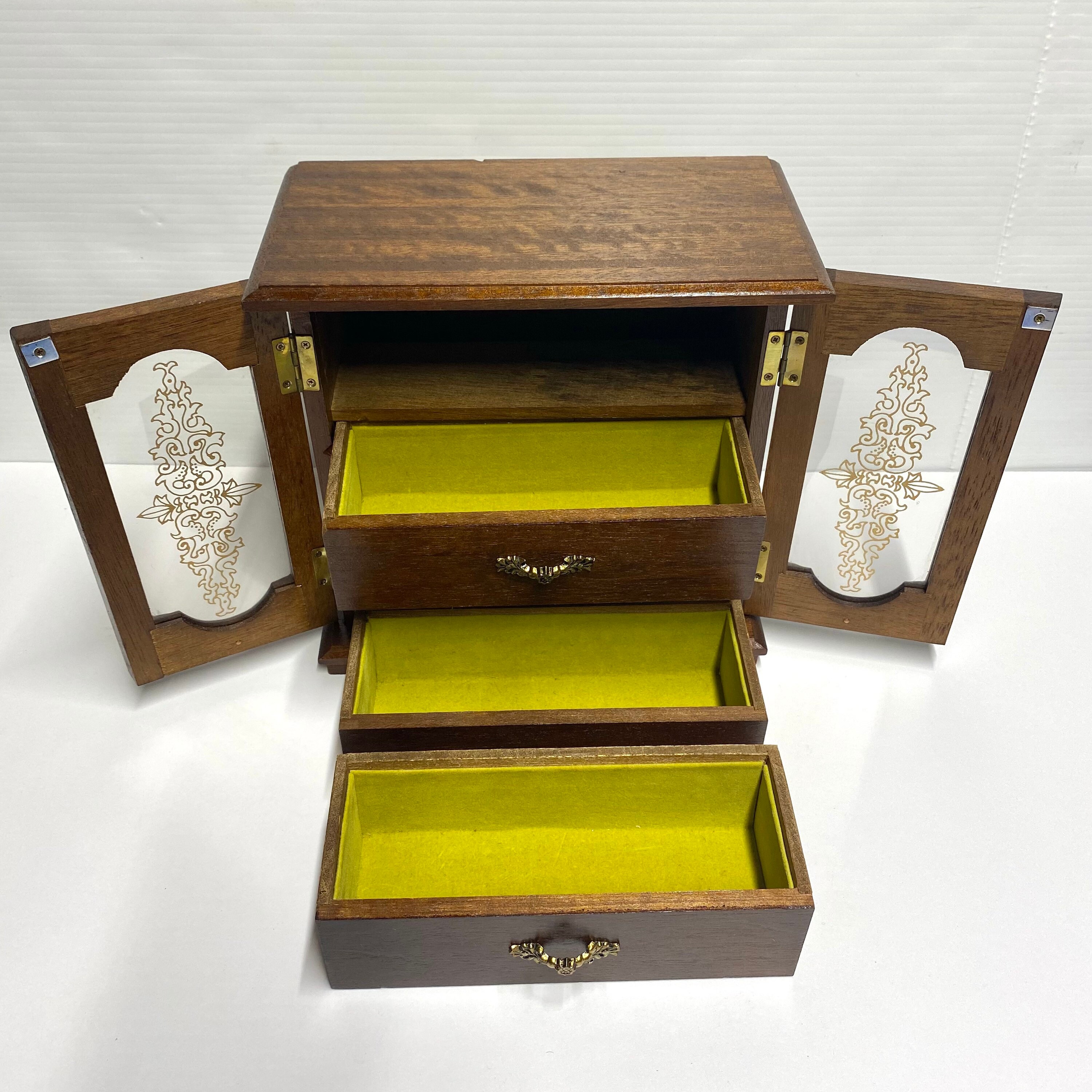Vintage Wooden Jewelry Box Mele Stencilled Gold Glass Door