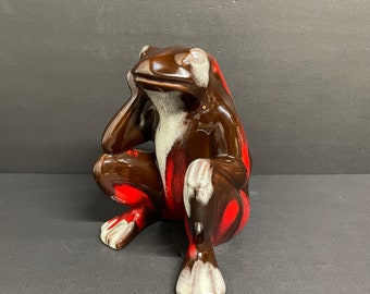 Vintage red Canadiana pottery frog figurine with beige drip glaze and drip glaze red clay red and black bmp toad statue mcm