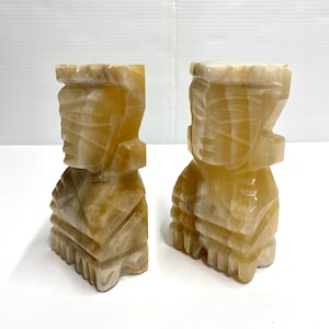 Vintage Aztec tiki Mayan bookends pair onyx stoneware beige and browns set of 2 hand carved marble bookends