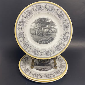 Vintage Villeroy und Boch Audun ferme 3er Set Salatteller Dame auf dem Bauernhof gelbe, weiße und graue Farben den Kühen Wasser geben