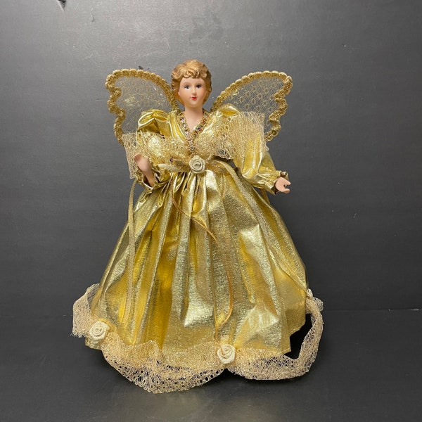 Vintage Christmas angel with wings tree topper porcelain 12.75” statue in gold dress with lace Christmas mantel decor figurine