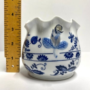Vintage Vienna Woods blue and white planter candy or sugar dish with rose shaped handles and a ruffled top decorative for herbal garden image 8