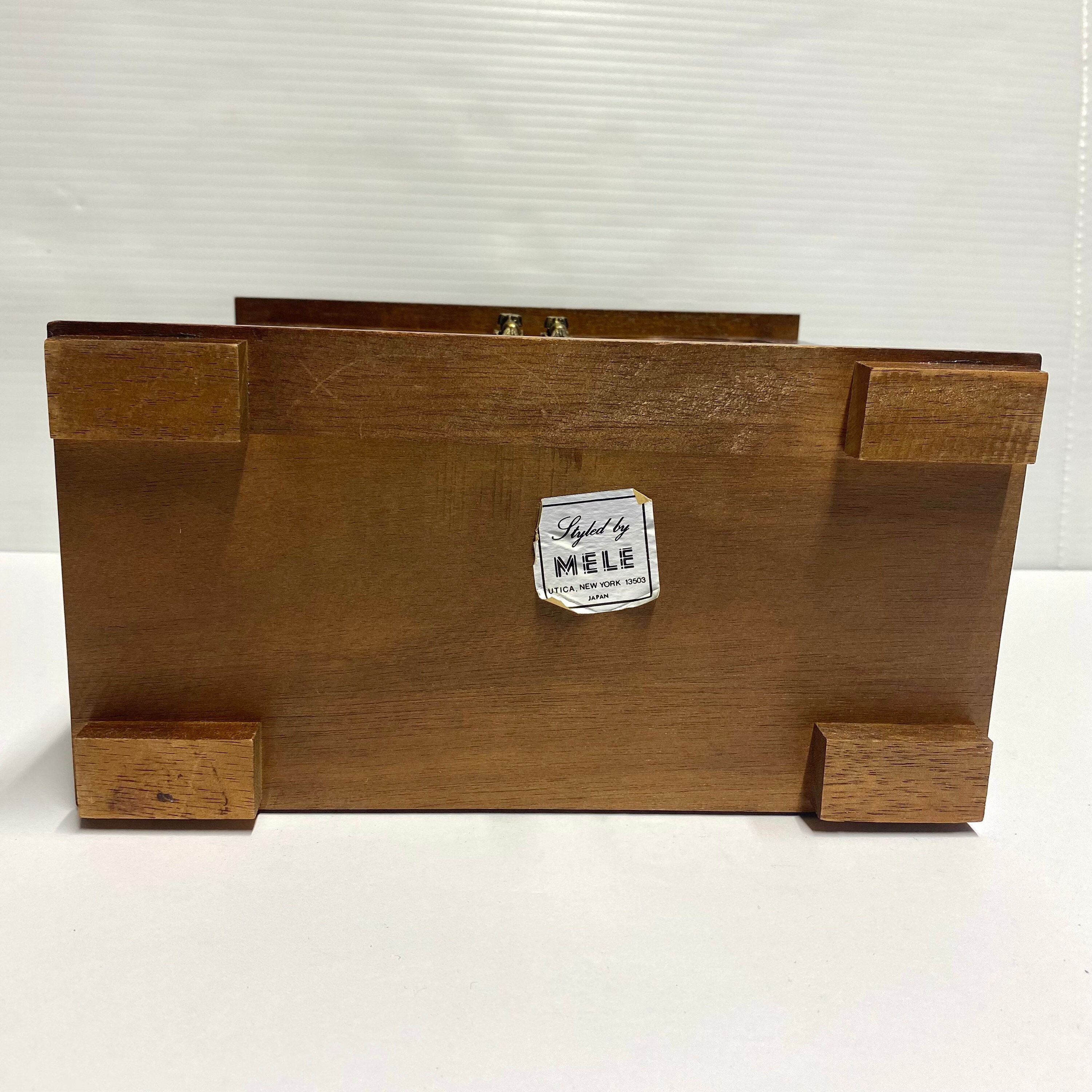 Vintage Wooden Jewelry Box Mele Stencilled Gold Glass Door