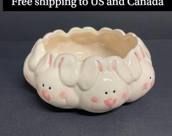 Vintage bunny candy dish, ivory and pink rabbit planter trinket holder white and pink Easter decor egg dish with bunny faces