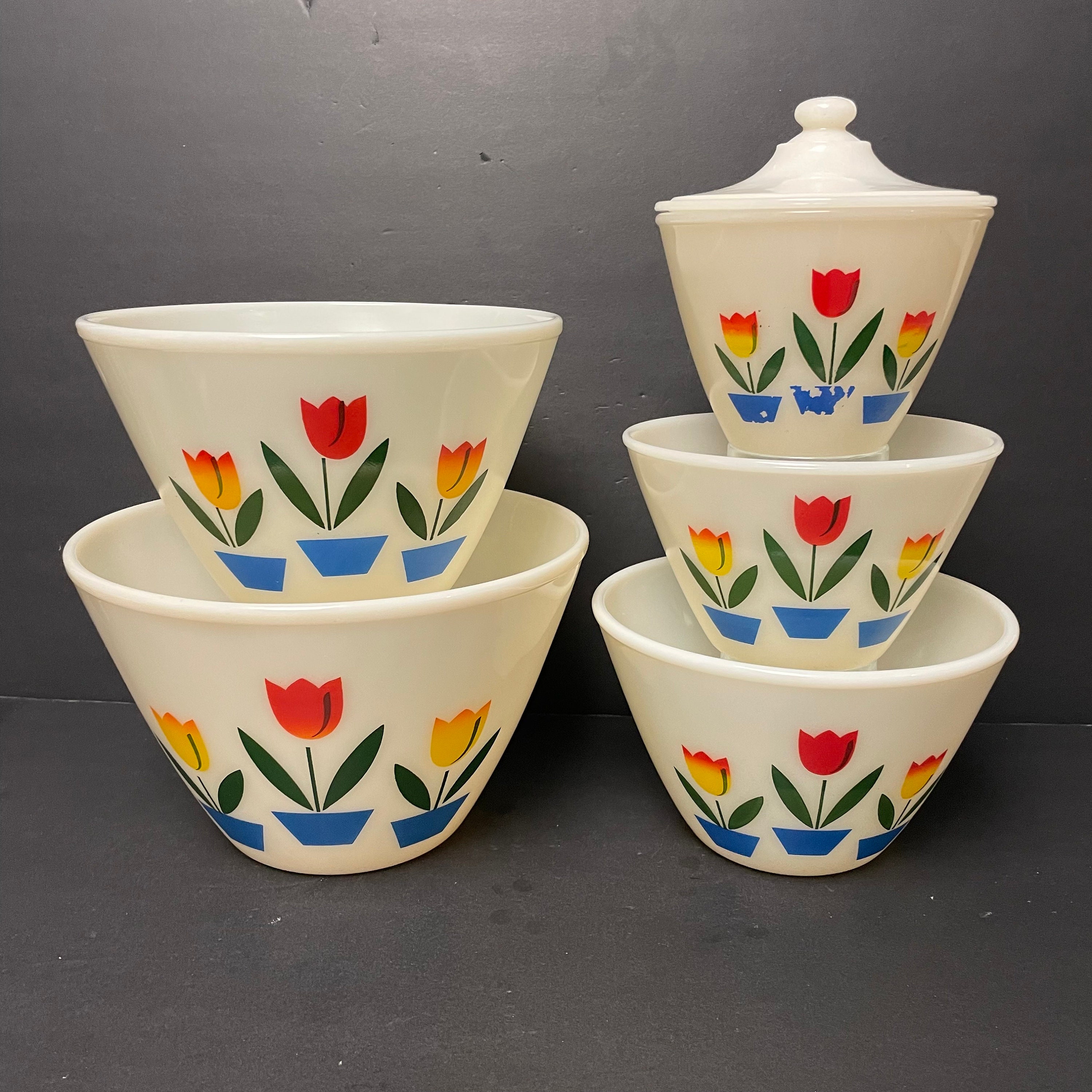 Vintage Fire King Tulip Mixing Bowls and Grease Dripping Jar Vintage Fire King Tulip Mixing Bowls and Grease Dripping Jar