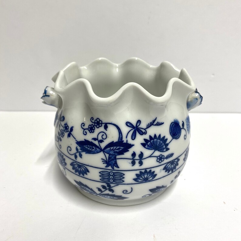 Vintage Vienna Woods blue and white planter candy or sugar dish with rose shaped handles and a ruffled top decorative for herbal garden image 5