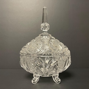 Vintage Crystal Candy Dish Steeple Lidded glass Candy Bowl Cut Crystal Footed Trinket dish sunburst design large 10.75” tall